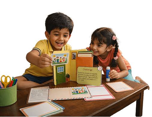 Two kids playing with a PlayLab challenge card
